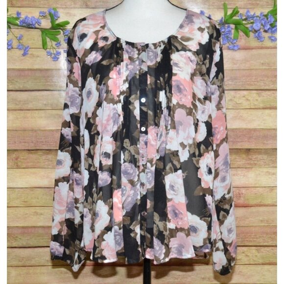 North Style Women's Black Sheer Floral Button Front Pleated Blouse Plus Size 1X - Picture 1 of 8